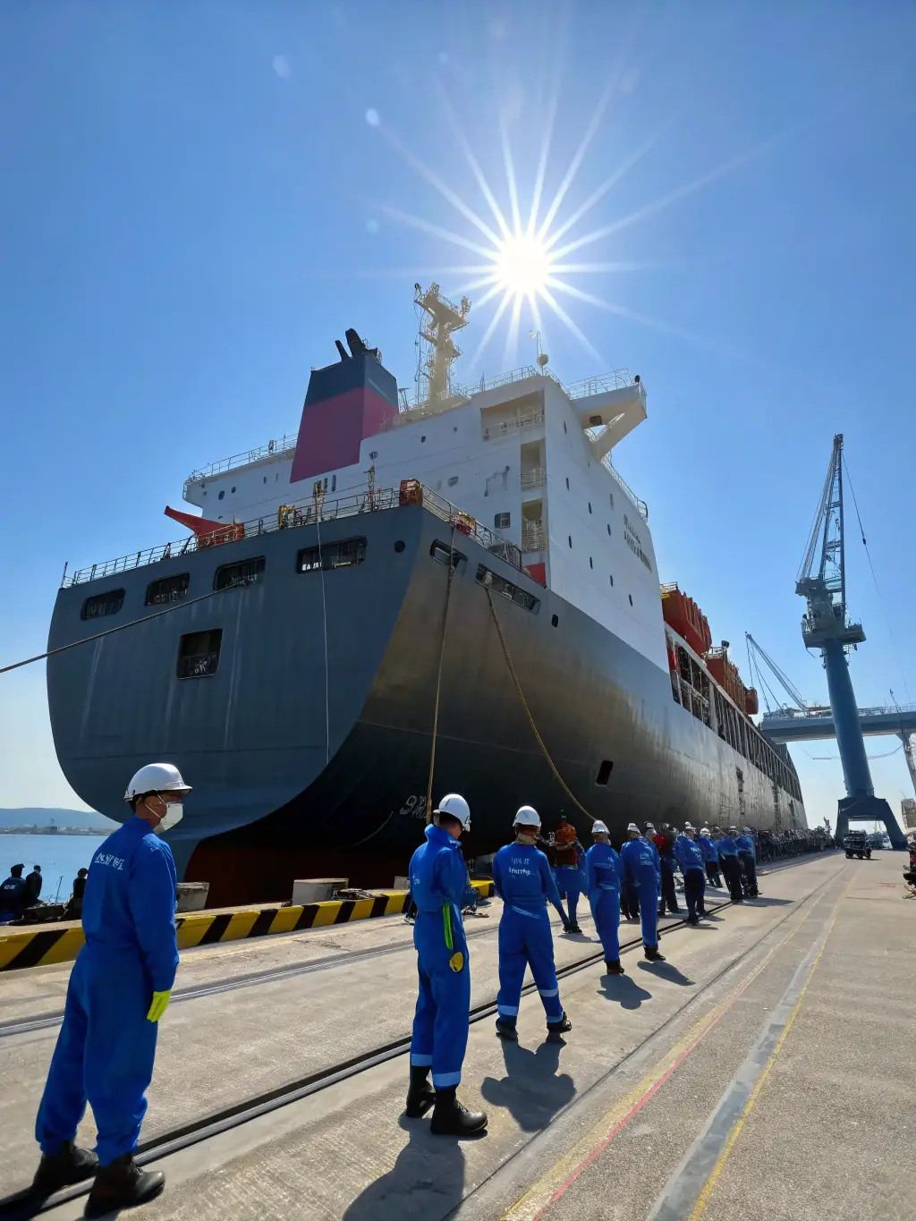 A professional seafarer in uniform, confidently standing on the deck of a modern cargo ship, symbolizing STMA-Group's commitment to providing qualified personnel.